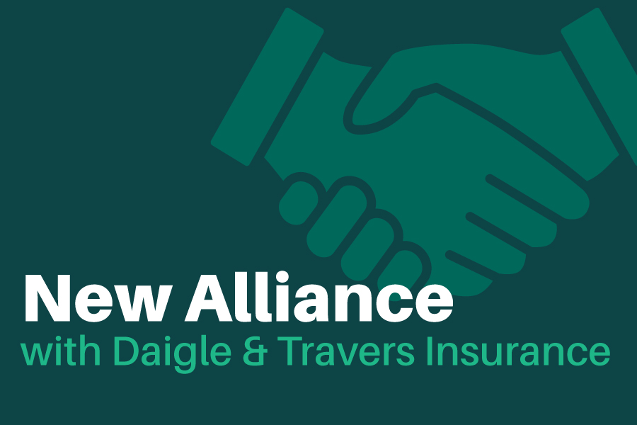 Two hands shaking. The text on the graphic reads, "New Alliance with Daigle & Travers Insurance."