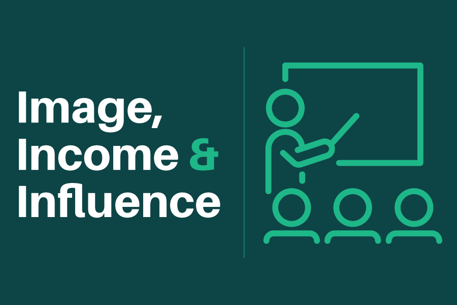 Graphic with an icon of people and the text reads, "image, income & influence"