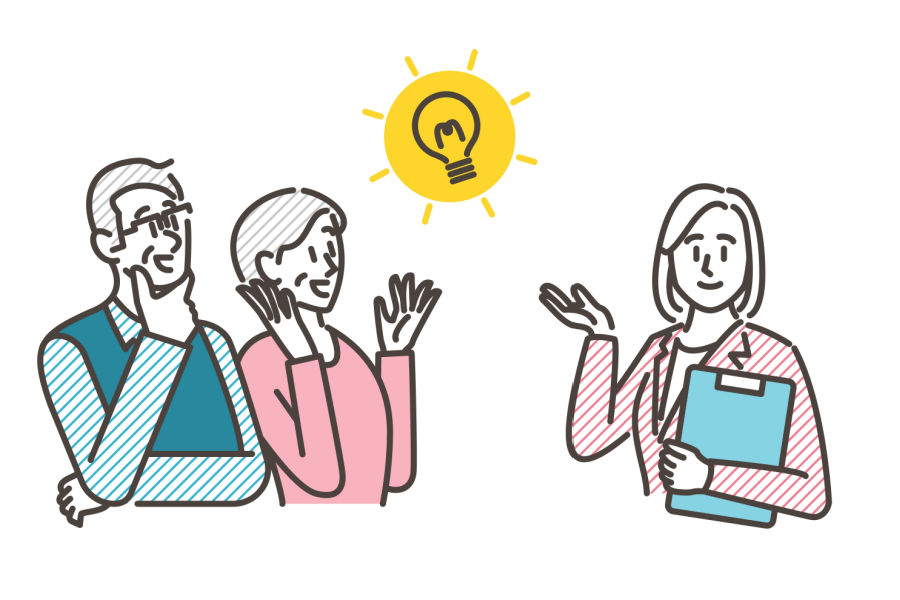 Illustration of a professional woman speaking to a man and a woman. A lightbulb icon is between them.